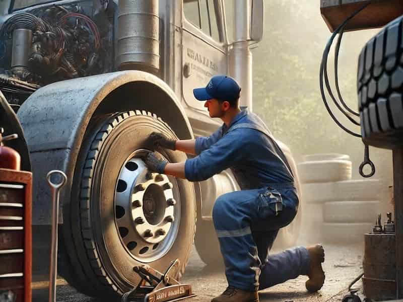 Mecanico monta neumaticos de camion